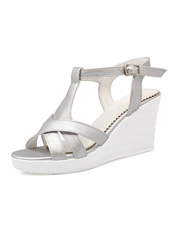 Women's Shoes Leatherette Wedge Heel Wedges Sandals Wedding / Party & Evening / Dress / Casual White / Silver