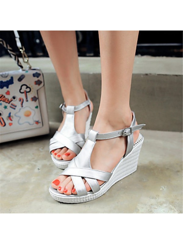 Women's Shoes Leatherette Wedge Heel Wedges Sandals Wedding / Party & Evening / Dress / Casual White / Silver