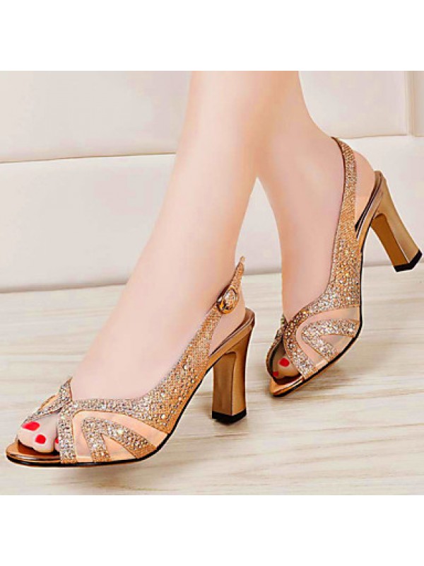 Women's Shoes Suede Chunky Heel Peep Toe / Comfort Sandals Office & Career / Party & Evening / Casual Silver / Gold