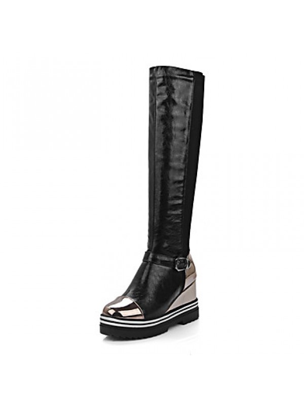 Women's Shoes Spring Riding Boots / Round Toe Heels Dress Wedge Heel Buckle / Slip-on / Split JointBlack /