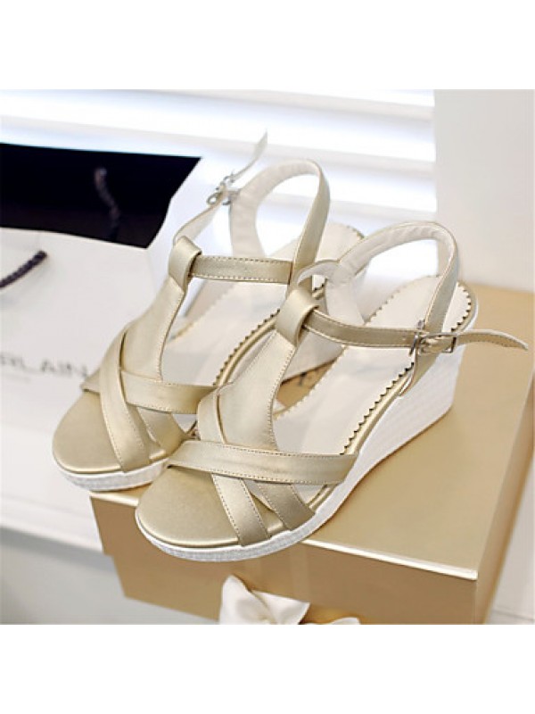 Women's Shoes Leatherette Wedge Heel Wedges Sandals Wedding / Party & Evening / Dress / Casual White / Silver