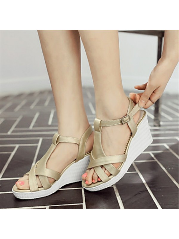 Women's Shoes Leatherette Wedge Heel Wedges Sandals Wedding / Party & Evening / Dress / Casual White / Silver